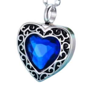 blue crystal heart urn pendant close up