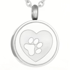 round urn pendant with heart and paw print close up