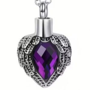 Crystal heart with wings urn pendant - purple - close up